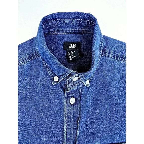 H&M Size XS Men's Blue Denim Button Down Long Sleeve Cotton Pocket Shirt - Picture 5 of 9